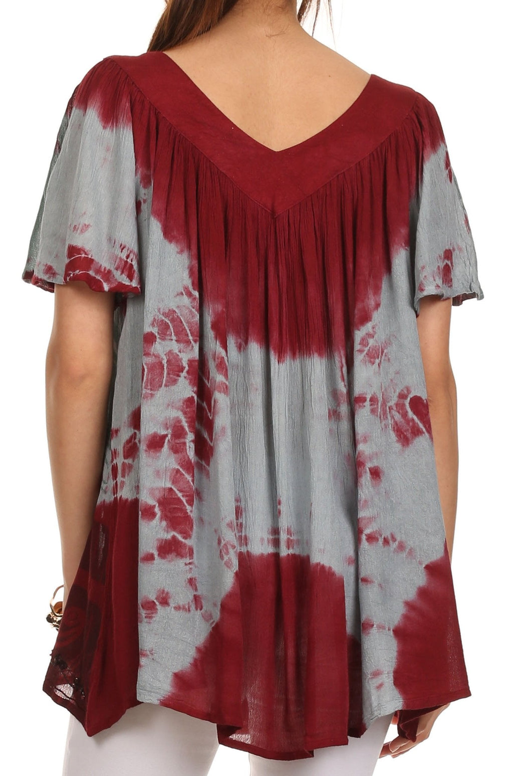 Sakkas Nia Tie Dye Sequin Embroidered V-Neck Cap Sleeve Blouse / Top