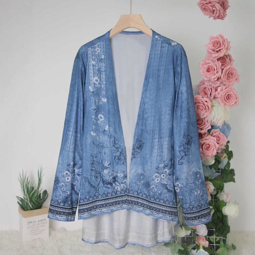 Women's Floral Print Open-Front Cardigan – Long Sleeve Boho Kimono Jacket