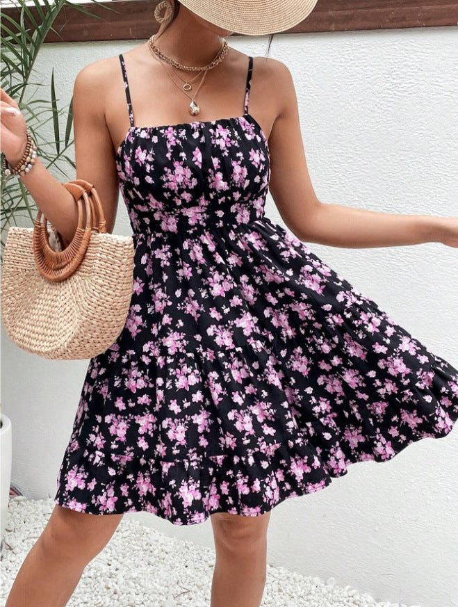 Floral Print Smocked Mini Dress Spaghetti Strap Slim Fit Flowy Dresses