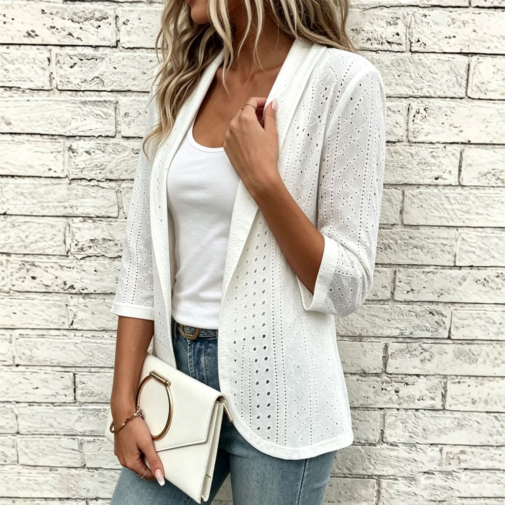 Women's Eyelet Hollow-Out Open-Front Blazer Jacket – 3/4 Sleeve